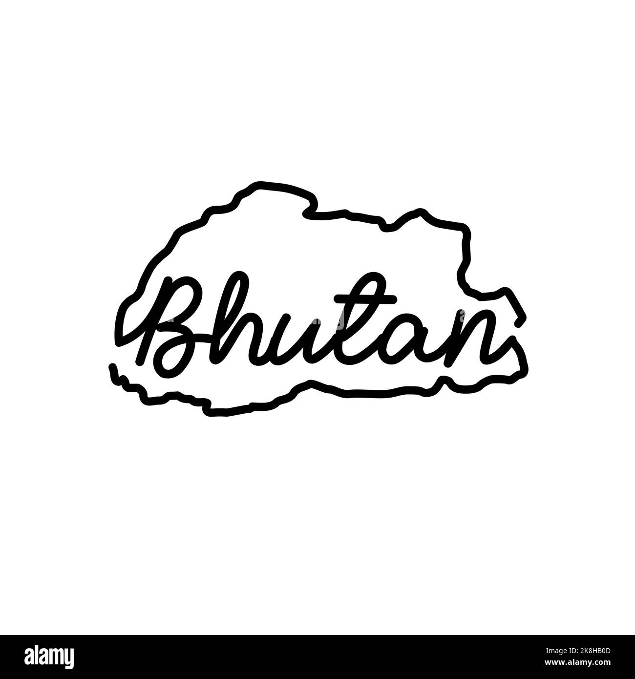 Bhutan outline map with the handwritten country name. Continuous line drawing of patriotic home sign. A love for a small homeland. T-shirt print idea. Stock Photo