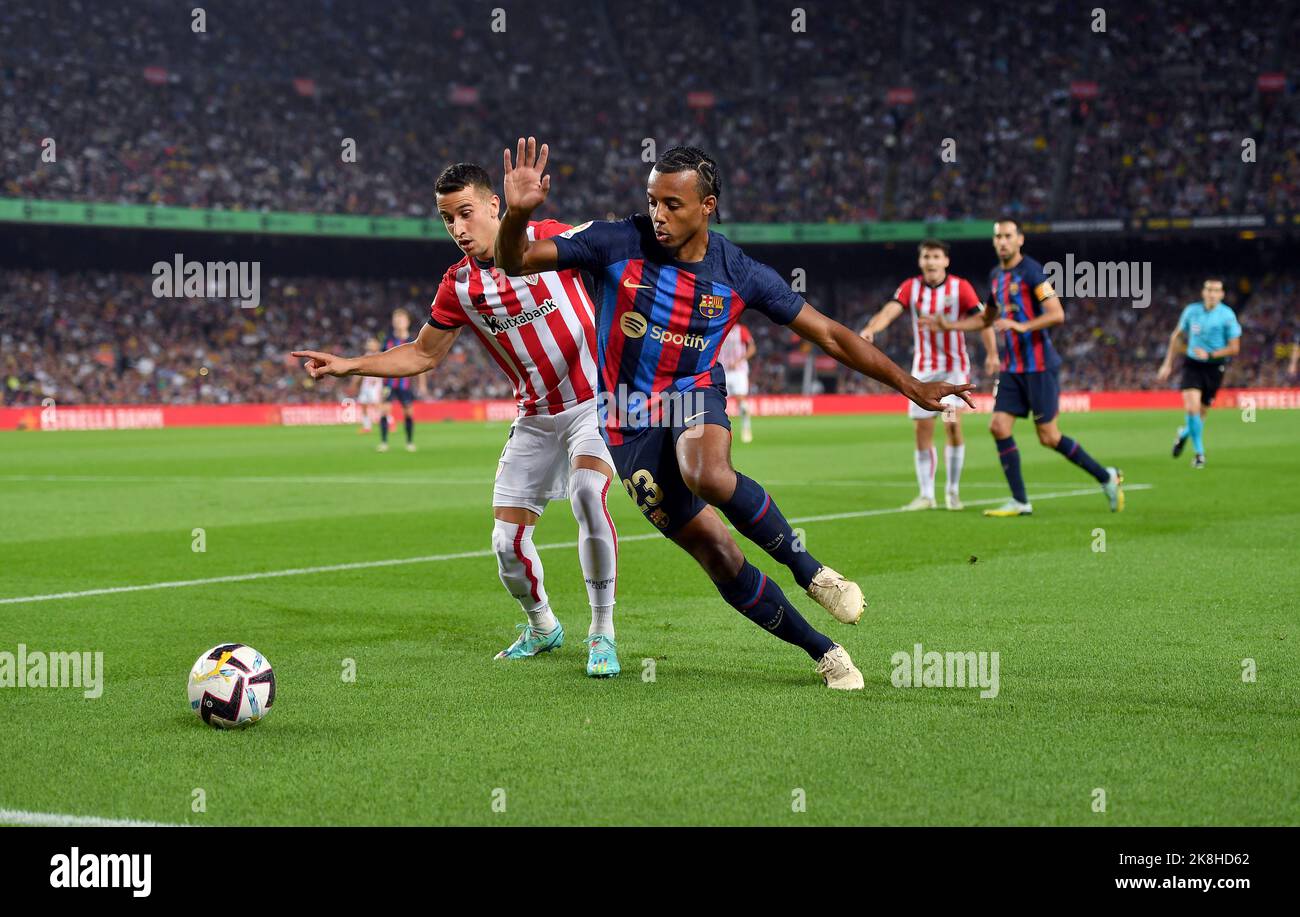 Barcelona, Spain. 23rd Oct, 2022. FC BARCELONA vs ATHLETIC CLUB of BILBAO October 23,2022  Jules Kounde (23) of FC Barcelona challenges Berenguer (7) of Athletic Club de Bilbao (left) during the match between FC Barcelona and Athelic Club of Bilbao corresponding to the eleventh day of La Liga Santander at Spotify Camp Nou in Barcelona, Spain. Credit: rosdemora/Alamy Live News Stock Photo