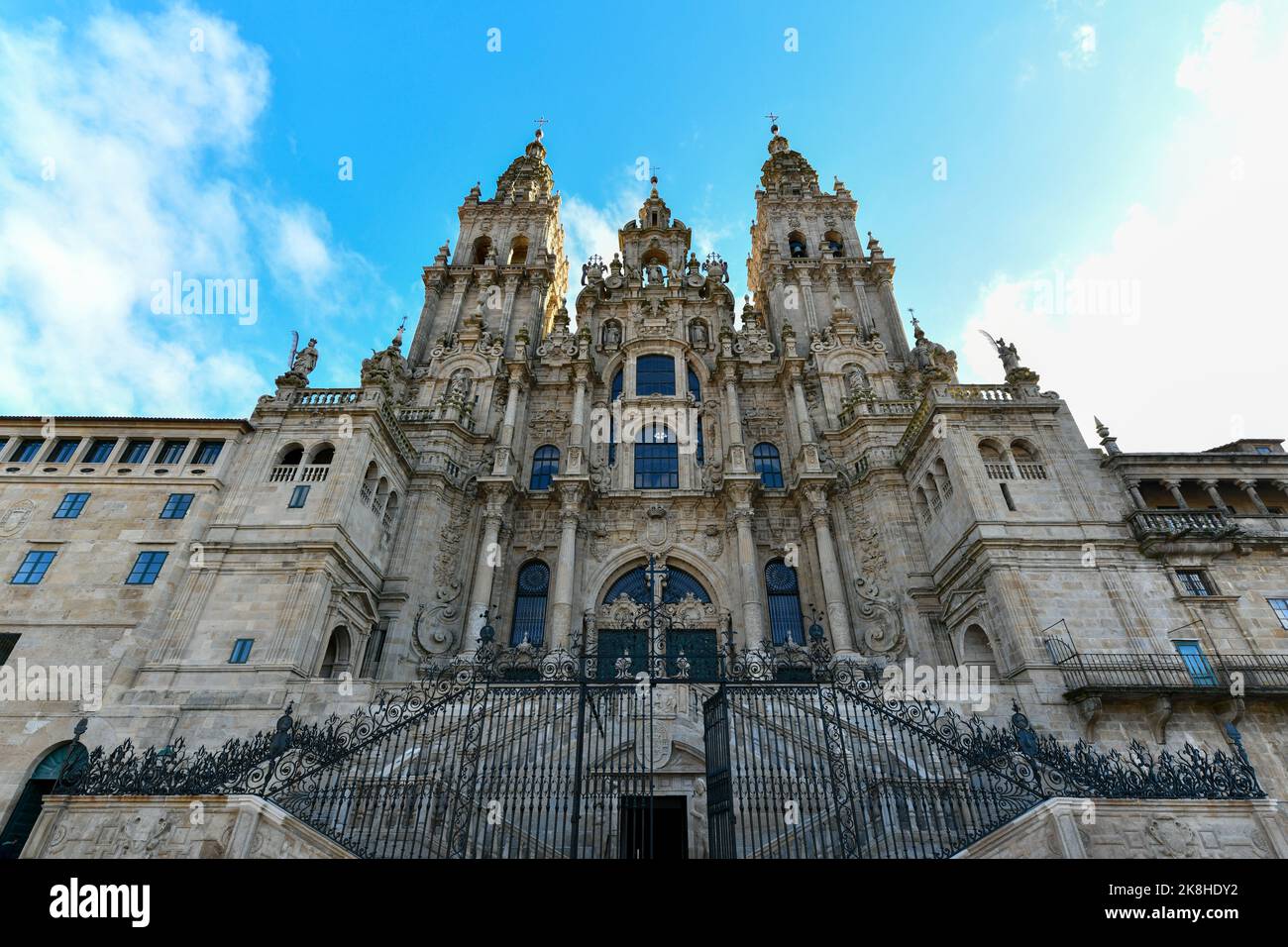 Santiago de Compostela cathedral, facade del Obradoiro empty of people. Stock Photo