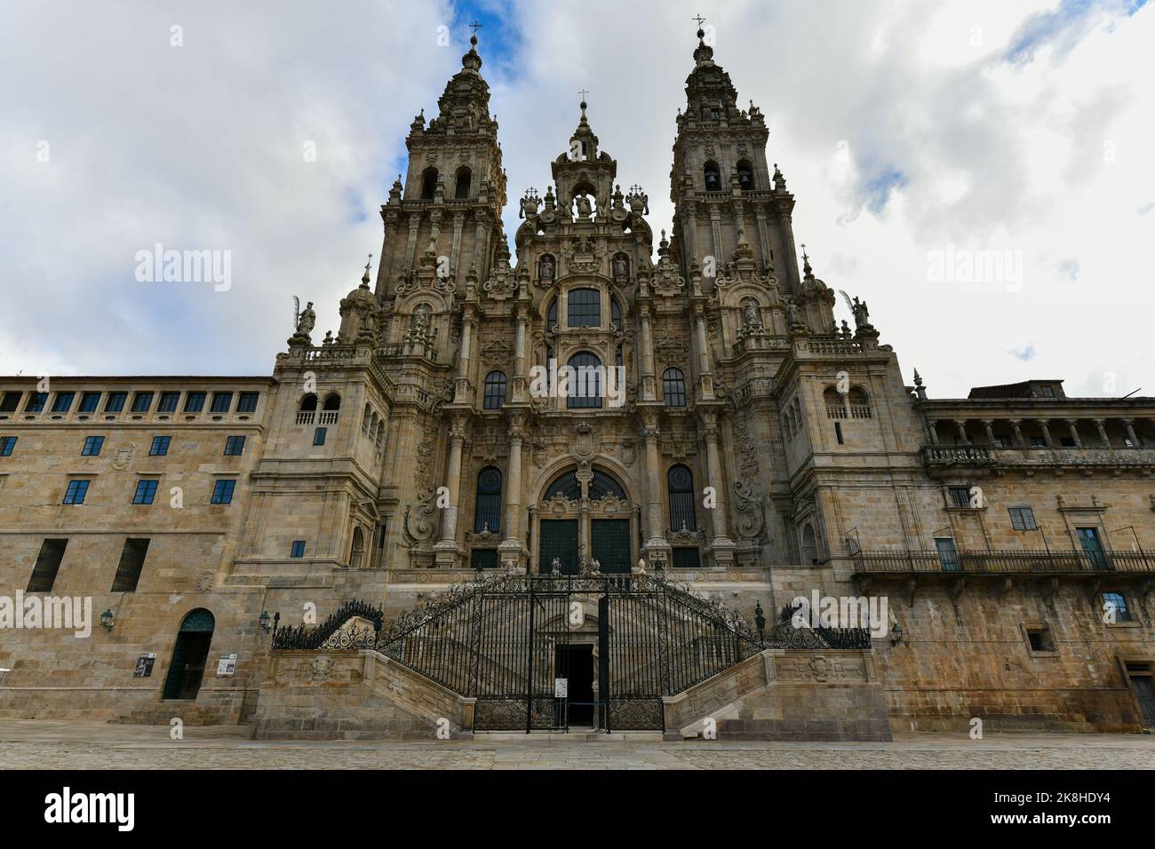 Santiago de Compostela cathedral, facade del Obradoiro empty of people. Stock Photo