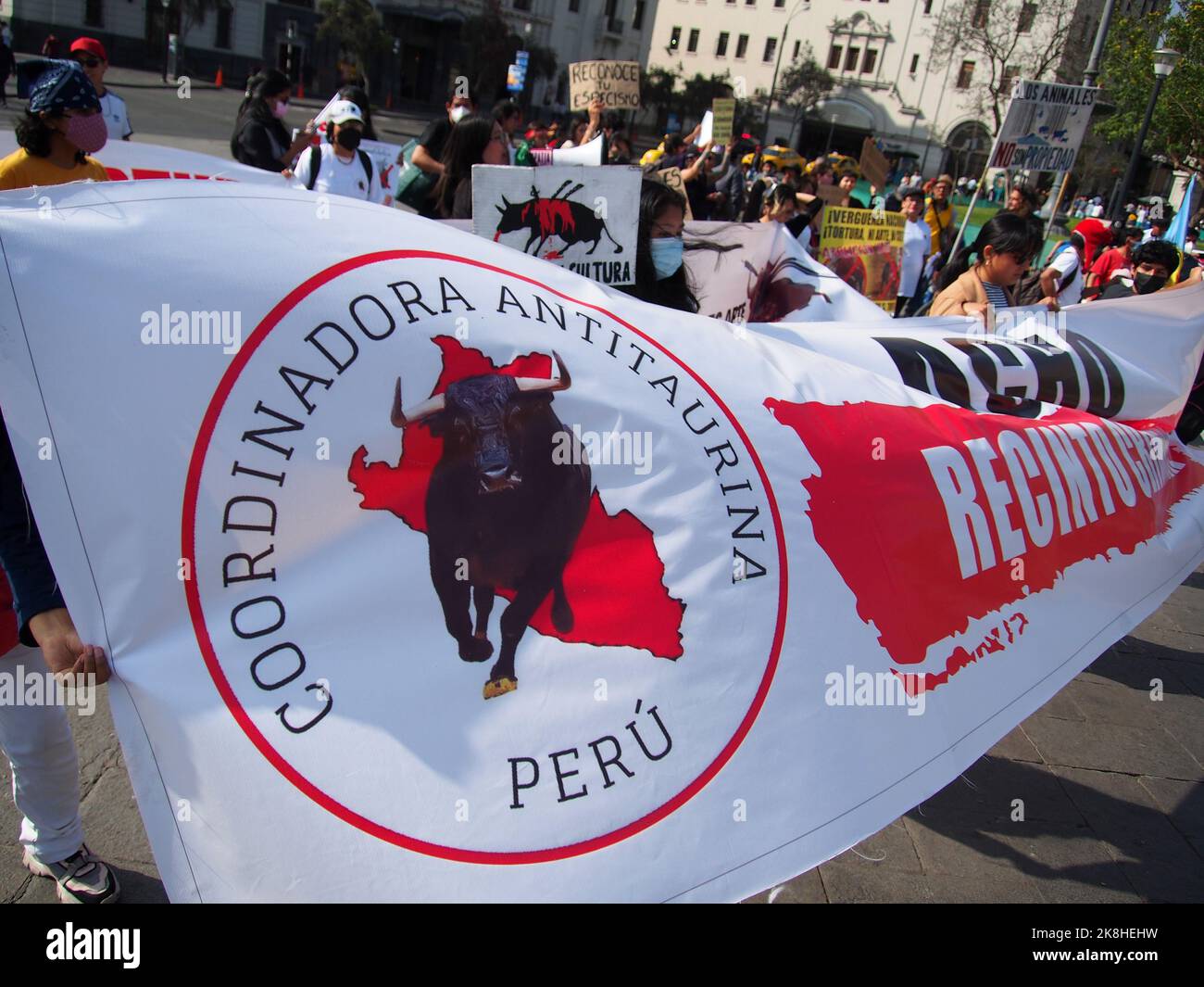 Lima, Peru. 23rd Oct, 2022. 'Anti-bullfighting coordinator, Peru' can be read on a banner when dozens of animal activists took to the streets to protest against bullfighting in the bullring of Acho, in Lima. The Plaza de Toros de Acho, inaugurated in 1766, continues to operate, despite the existence of a law against animal abuse, on the ground that bullfight is a traditional cultural spectacle. Credit: Fotoholica Press Agency/Alamy Live News Stock Photo