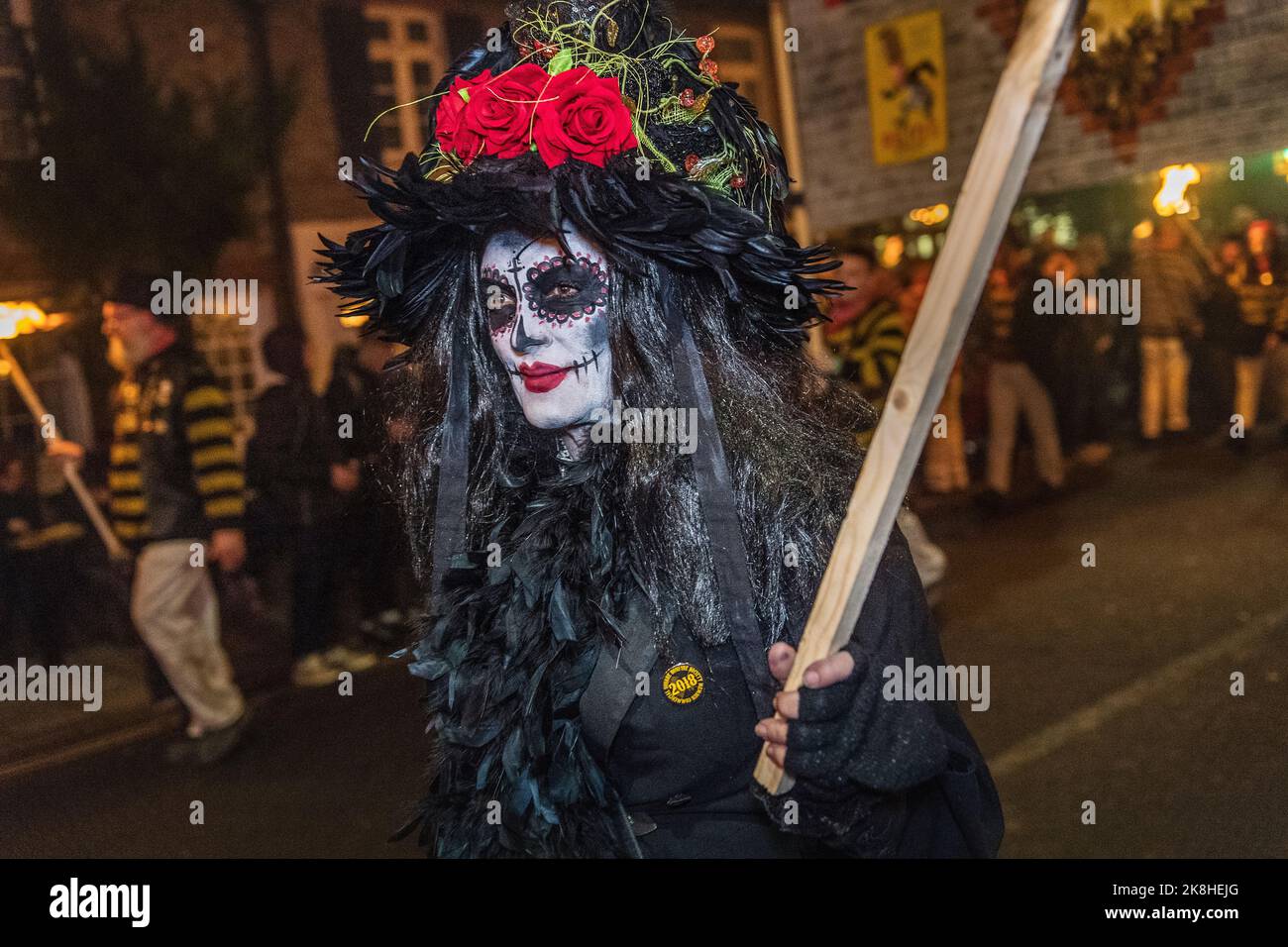 Revellers parade the streets of Lewes in  East Sussex, Thousand attend the street procession, rival chapters parade often with effigies of 'guys' representing Guy Fawkes who died in 1605 after unsuccessfully trying to blow up the houses of Parliament Stock Photo