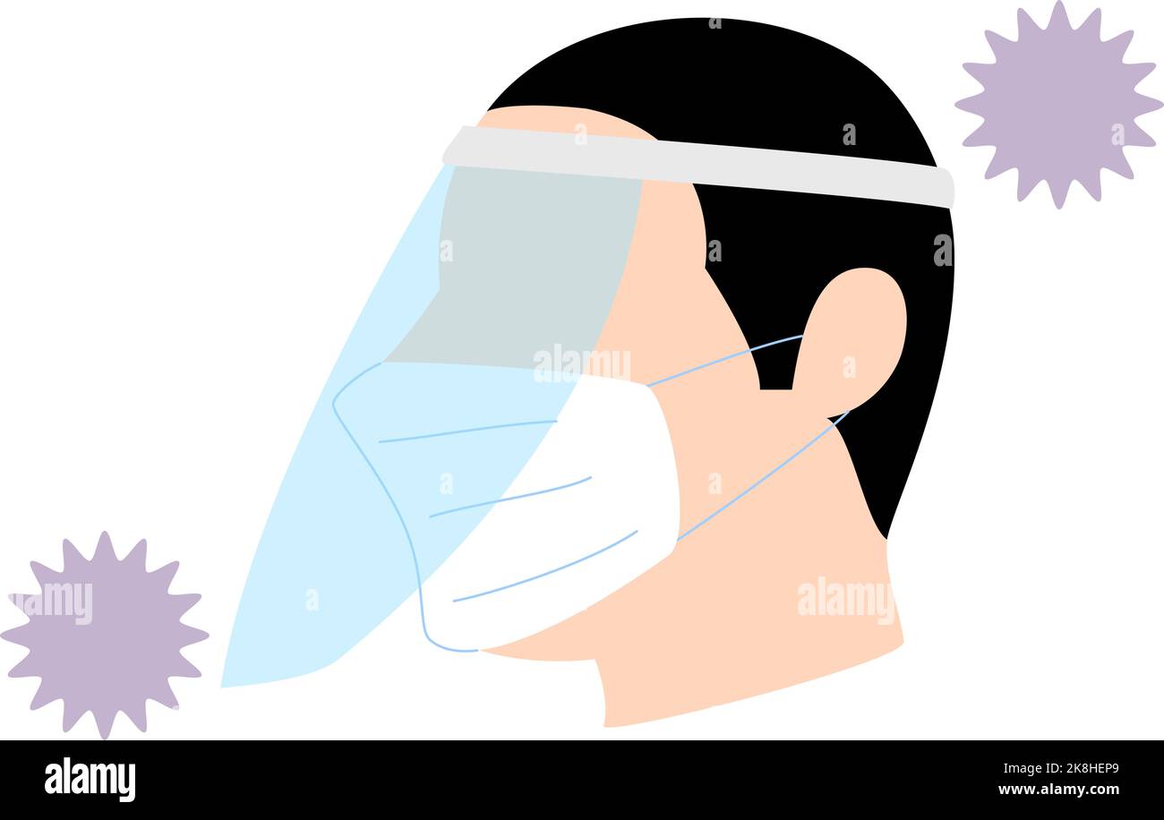 Illustration of a person wearing a mask and face shield surrounded by coronavirus, asian Stock Vector