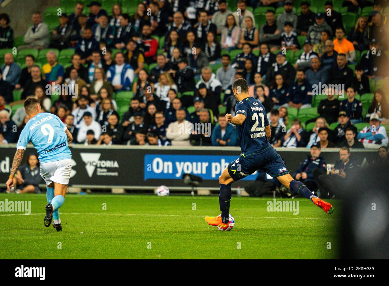 Melbourne, Australia. 22, October, 2022. Melbourne Victory Defender Roderick Miranda #21 takes a free-kick after being brought down in a challenge dur Stock Photo