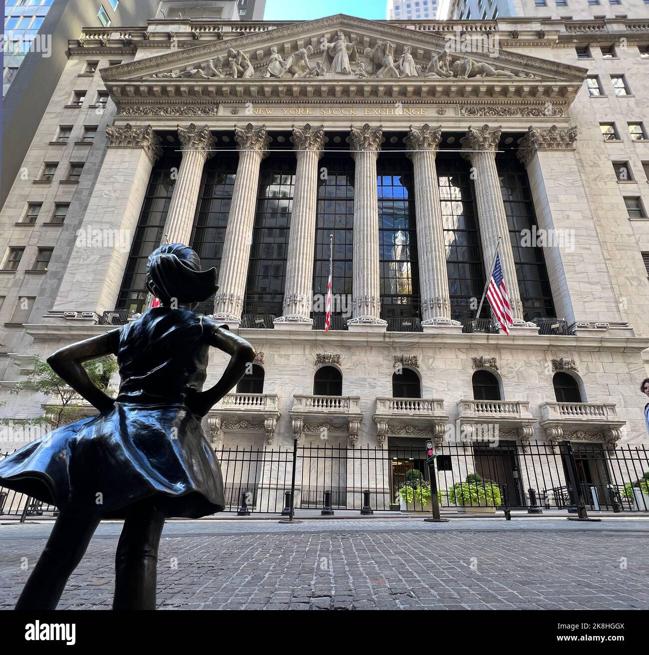 Manhattan stock exchange view from outside the building.  New York financial icone. Stock Photo