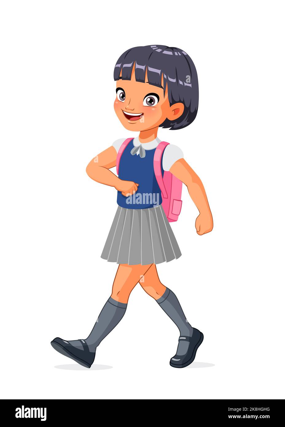 Happy Asian girl going to school. Cartoon vector illustration. Stock Vector