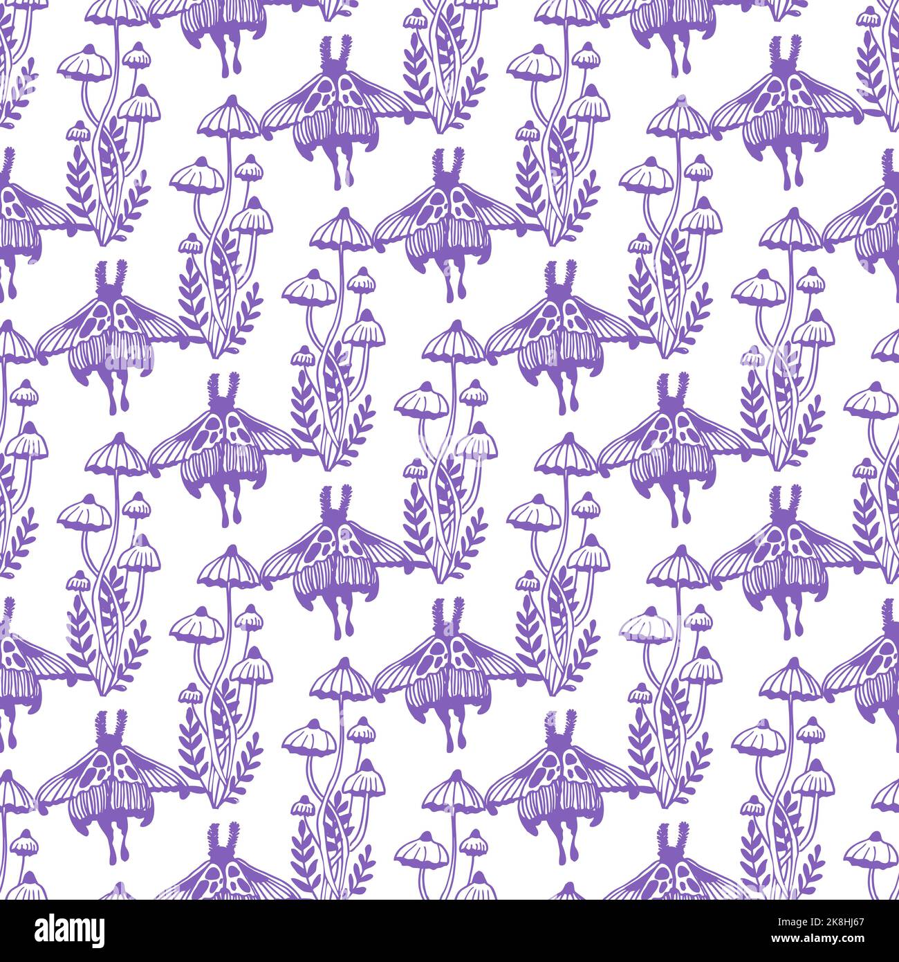 Magic concept vector seamless pattern. Seamless pattern of toadstools, moths, herbs and butterflies. Stock Vector