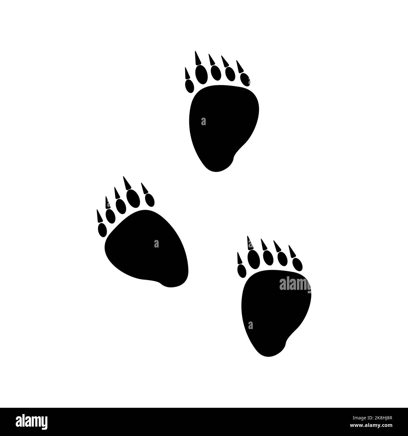 Bear tracks print trail hunter black silhouette. Hunting wildlife follow trail prey active hazardous sport forest camping travel danger icon hunter trap hunt stamp logo mammal trace shape isolated Stock Vector