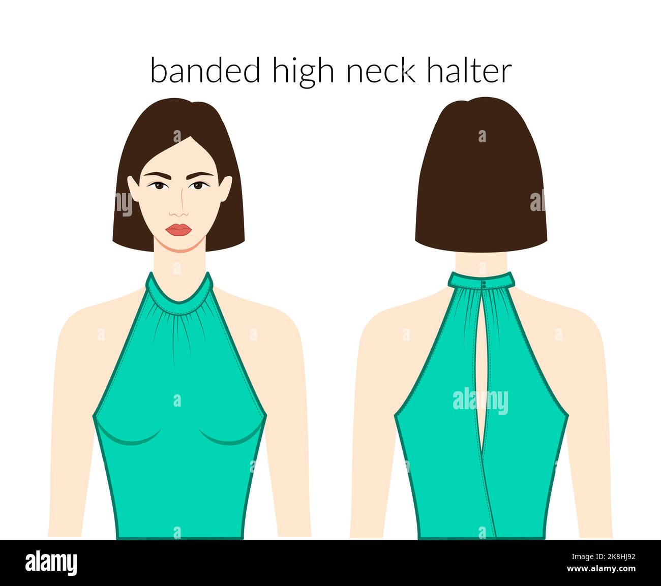 Banded high neckline halter clothes character beautiful lady in top, shirt, dress technical fashion illustration with fitted body. Flat apparel template front, back sides. Women, men unisex CAD mockup Stock Vector