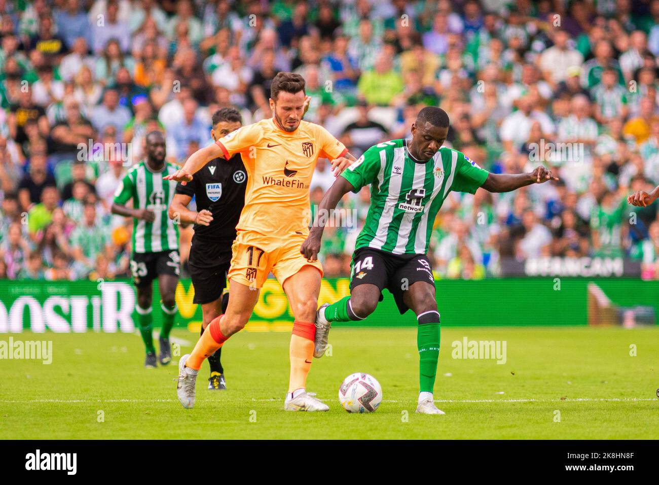 Seville, Spain. 23rd Oct, 2022. William Carvalho (R) of Real Betis and Saul Niguez (L) of Atletico de Madrid seen in action during the La Liga Santander 2022/2023 match between Real Betis and Atletico de Madrid at Benito Villamarin Stadium.(Final Score; Real Betis 1:2 Atletico de Madrid) Credit: SOPA Images Limited/Alamy Live News Stock Photo