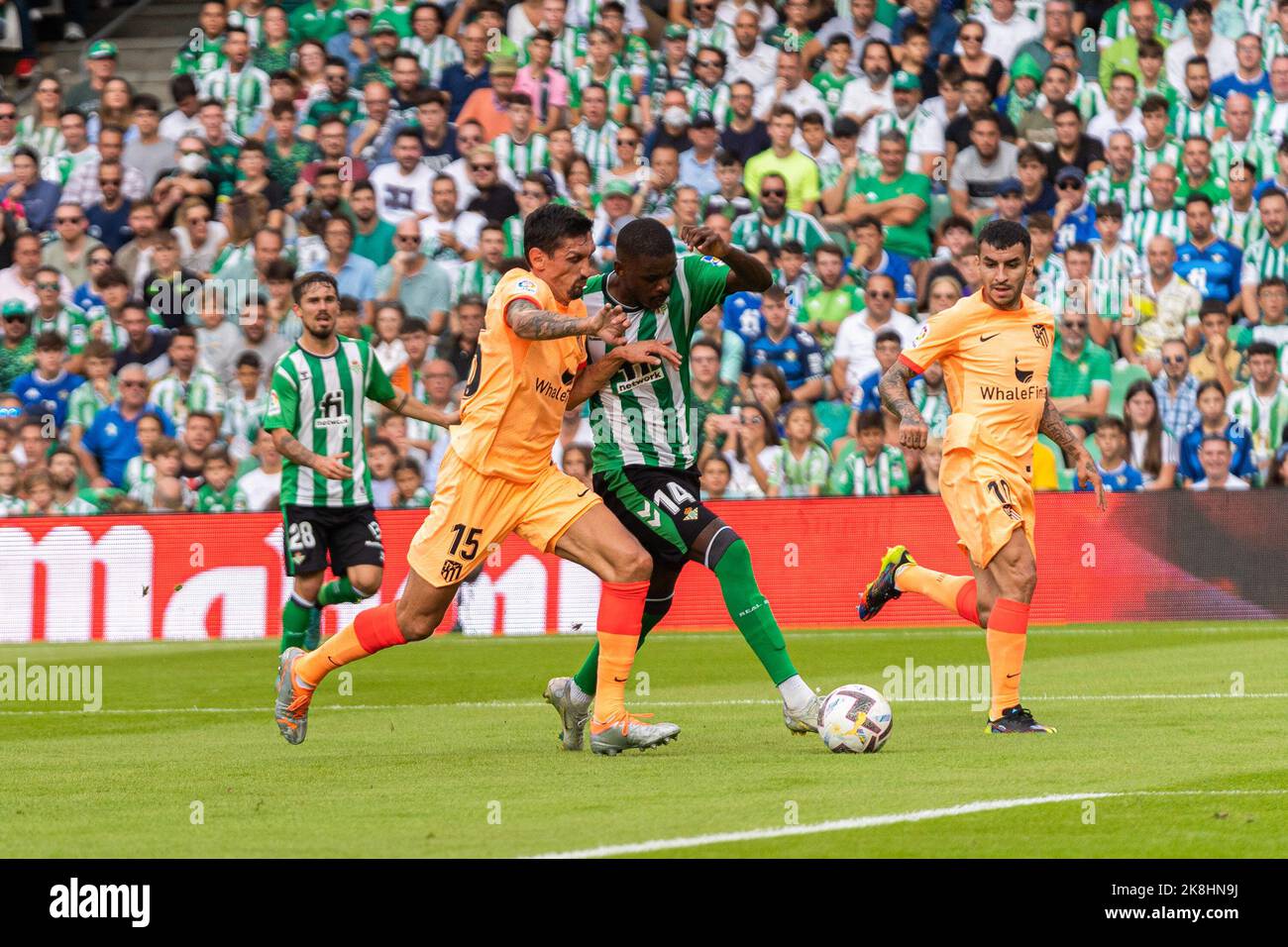Seville, Spain. 23rd Oct, 2022. William Carvalho (C) of Real Betis and Stefan Savic (L) of Atletico de Madrid seen in action during the La Liga Santander 2022/2023 match between Real Betis and Atletico de Madrid at Benito Villamarin Stadium.(Final Score; Real Betis 1:2 Atletico de Madrid) Credit: SOPA Images Limited/Alamy Live News Stock Photo