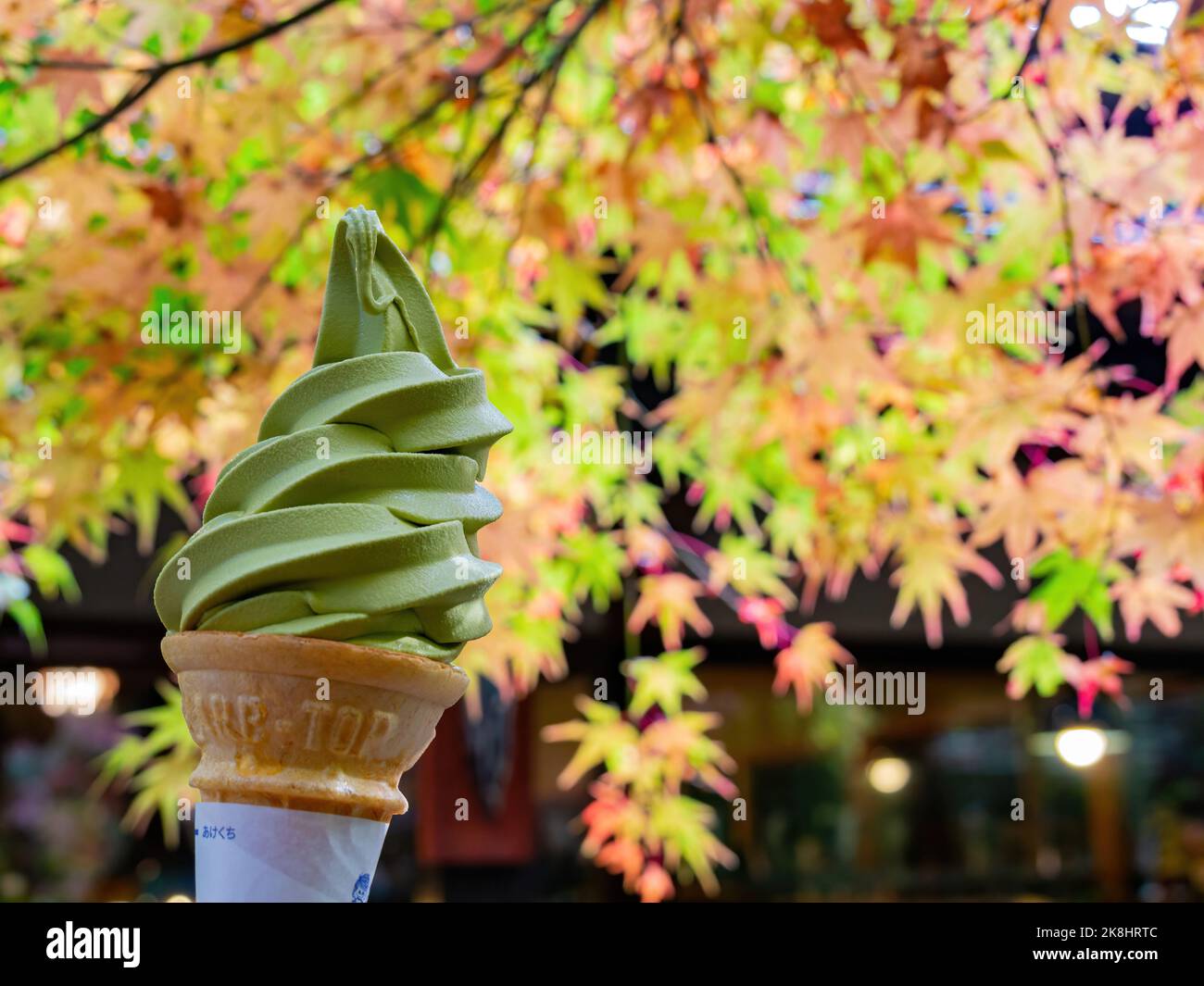 Close up shot of Matcha ice cream with fall color at Kyoto, Japan Stock Photo
