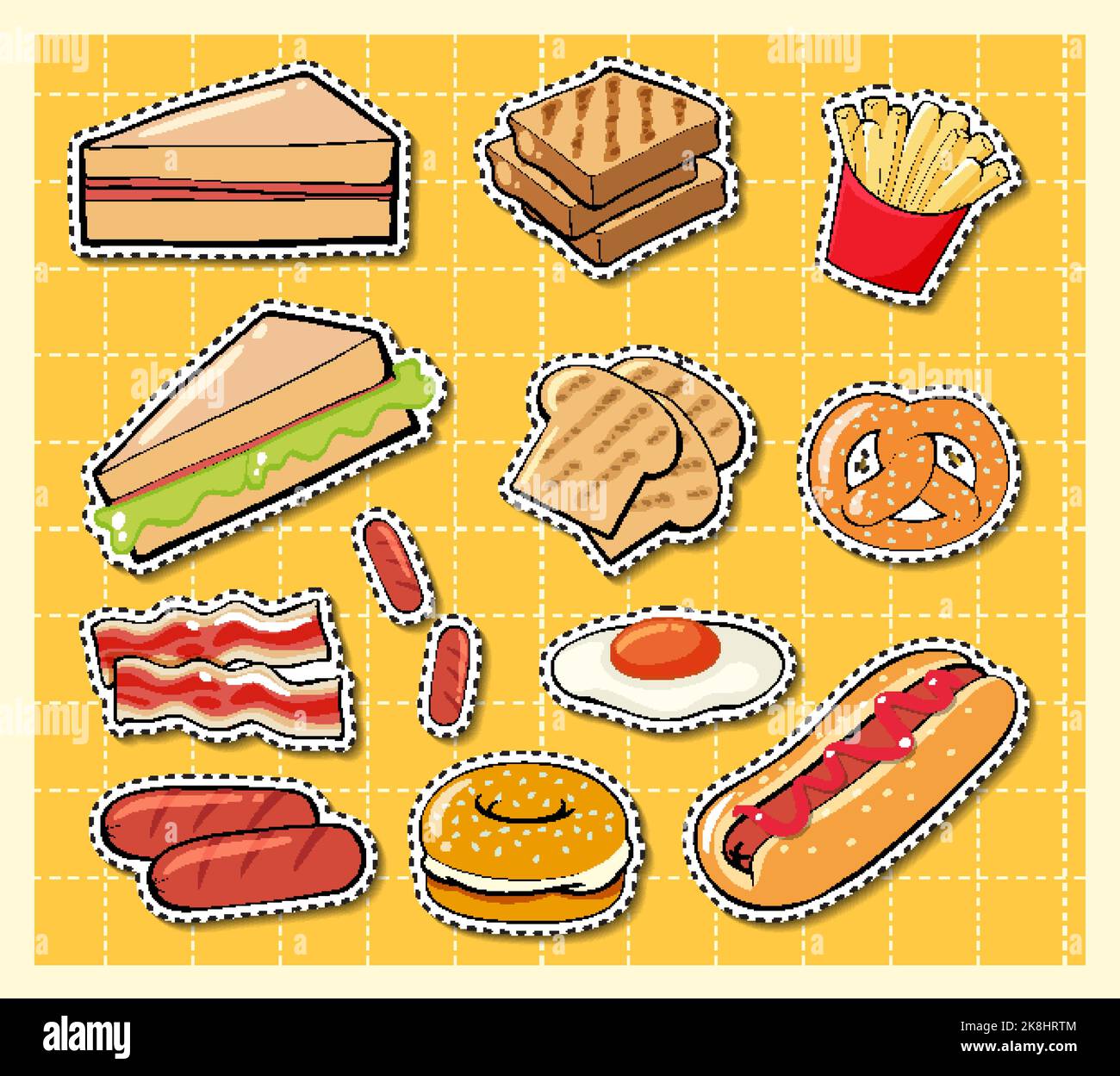 Mixed food cartoon sticker on grid background illustration Stock Vector