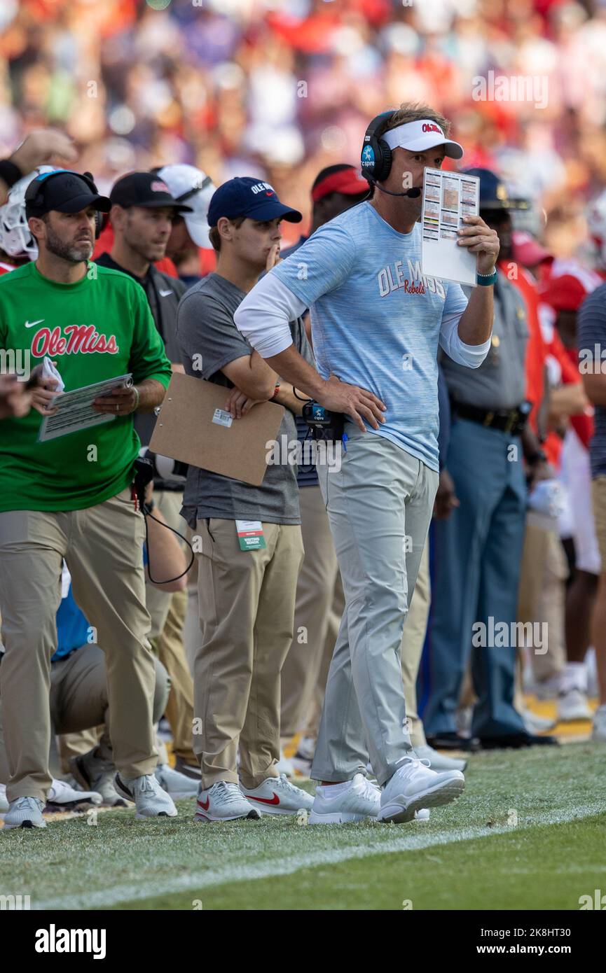 Ole Miss Rebels head coach Lane Kiffin makes a call against the LSU Tigers, Saturday, Oct. 22, 2022, in Baton Rouge, Louisiana. LSU defeats #7 Ole Mis Stock Photo