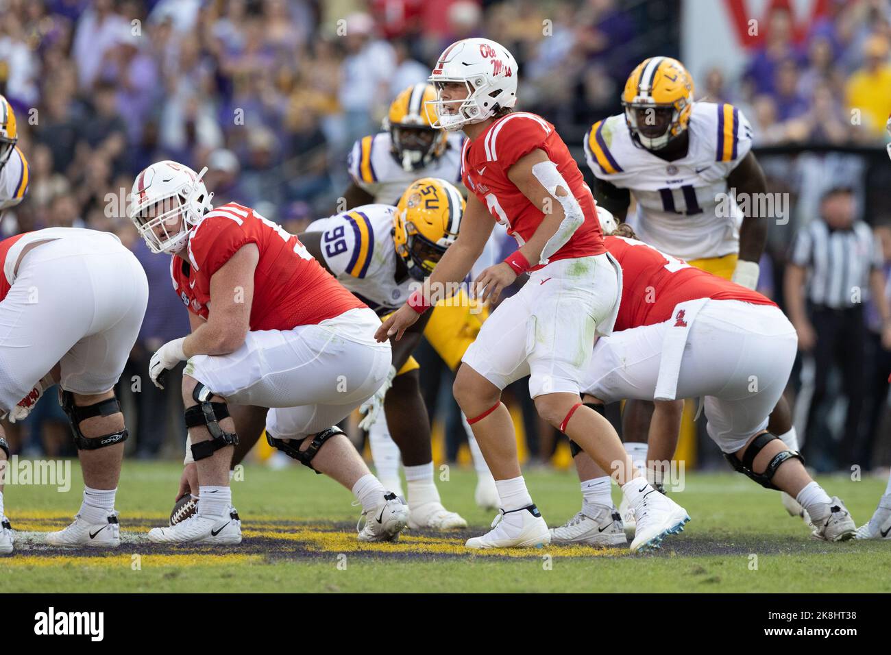 Ole Miss Rebels quarterback Jaxson Dart (2) makes a play change at the line against the LSU Tigers, Saturday, Oct. 22, 2022, in Baton Rouge, Louisiana Stock Photo