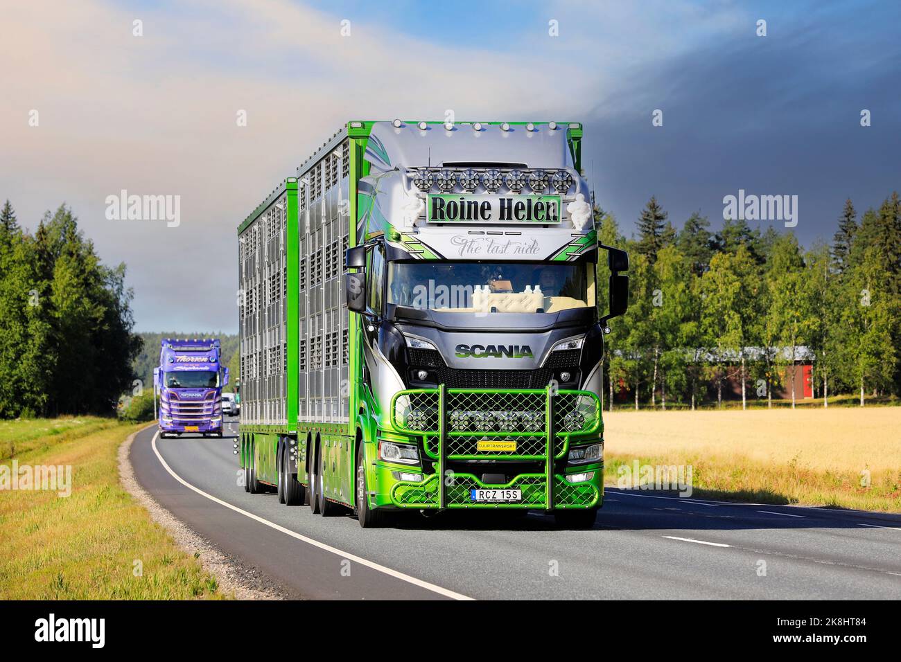 Scania S650 Roine Helens Åkeri Ab livestock truck in convoy to Power Truck Show.  - Special trucks category winner. Urjala, Finland. August 11, 2022. Stock Photo