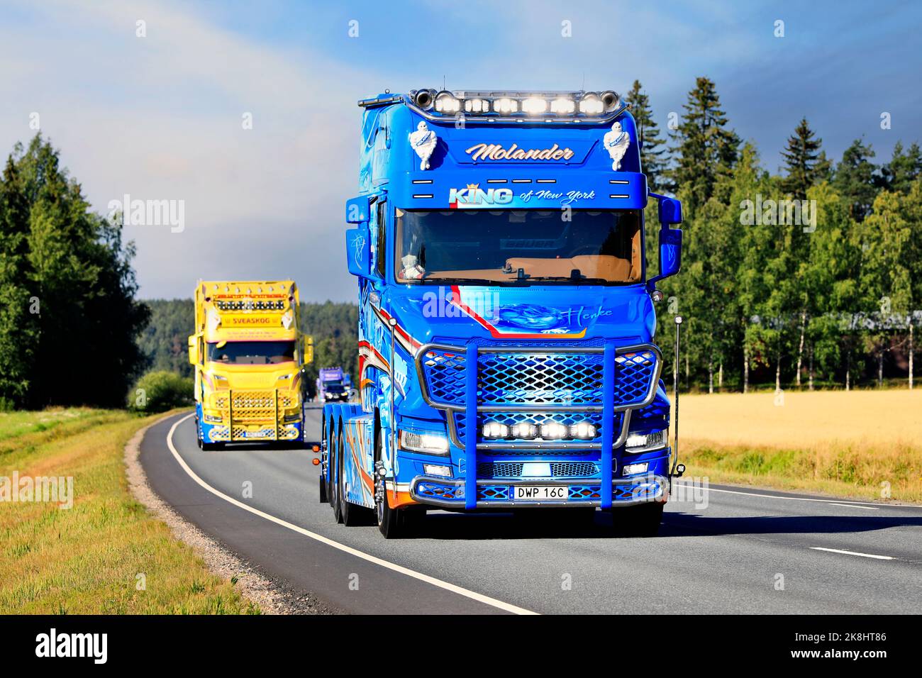 Customized Scania T650 King of New York of Molanders Transport in truck convoy to Power Truck Show. - Best in Show. Urjala, Finland. August 11, 2022. Stock Photo