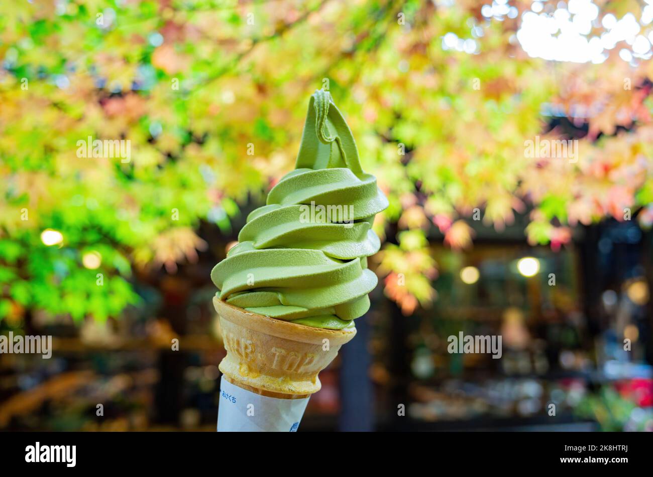 Close up shot of Matcha ice cream with fall color at Kyoto, Japan Stock Photo