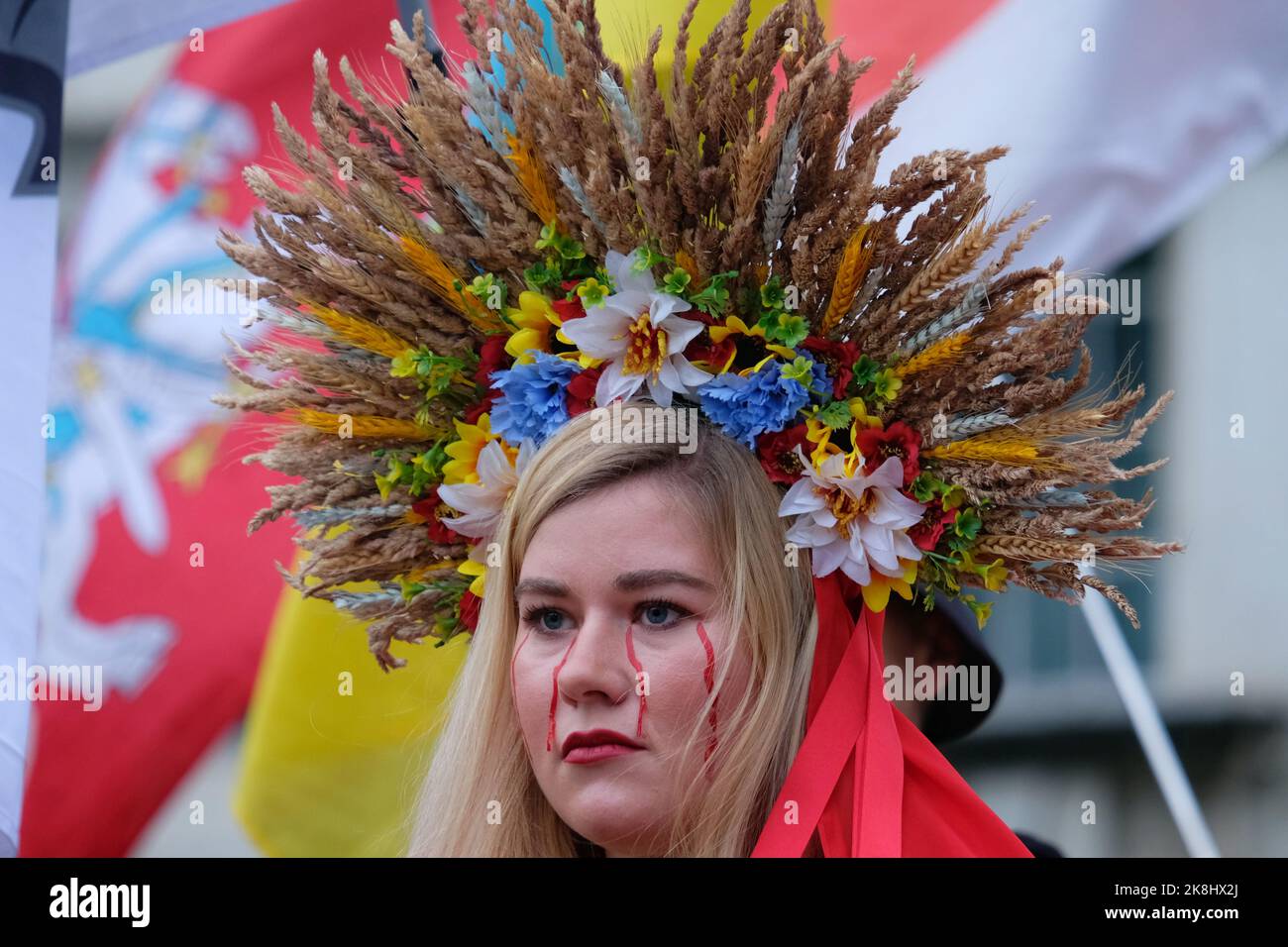 London, UK. 23rd October, 2022. British-Ukrainians protest in Whitehall over the continuing war with Russia. News broke last week of capital Kyiv being hit by Russian released, Iranian-made 'kamikaze' drones, cutting electricity in hundreds of towns and killing eight civilians. Credit: Eleventh Hour Photography/Alamy Live News Stock Photo