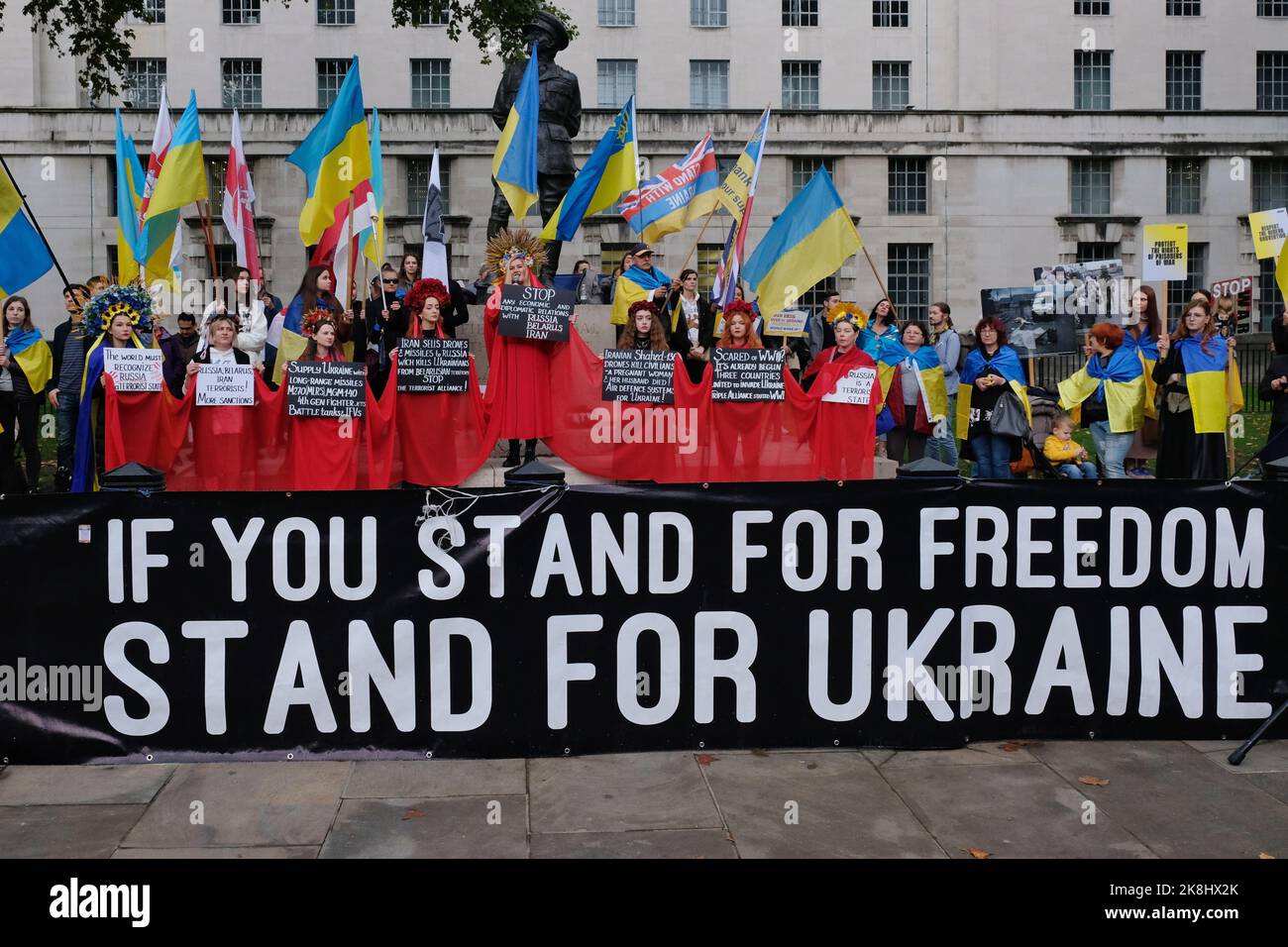 London, UK. 23rd October, 2022. British-Ukrainians protest in Whitehall over the continuing war with Russia. News broke last week of capital Kyiv being hit by Russian released, Iranian-made 'kamikaze' drones, cutting electricity in hundreds of towns and killing eight civilians. Credit: Eleventh Hour Photography/Alamy Live News Stock Photo