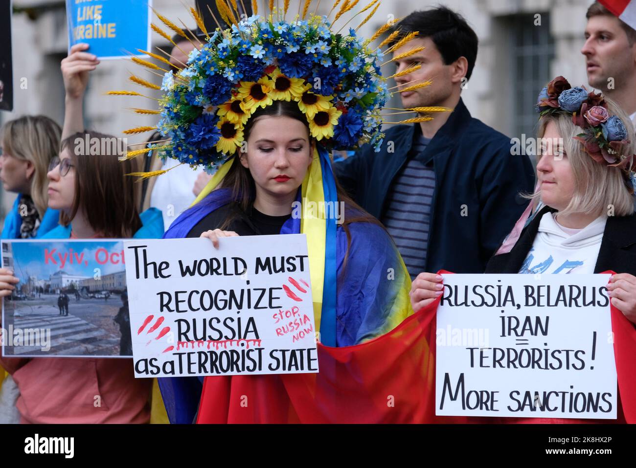 London, UK. 23rd October, 2022. British-Ukrainians protest in Whitehall over the continuing war with Russia. News broke last week of capital Kyiv being hit by Russian released, Iranian-made 'kamikaze' drones, cutting electricity in hundreds of towns and killing eight civilians. Credit: Eleventh Hour Photography/Alamy Live News Stock Photo