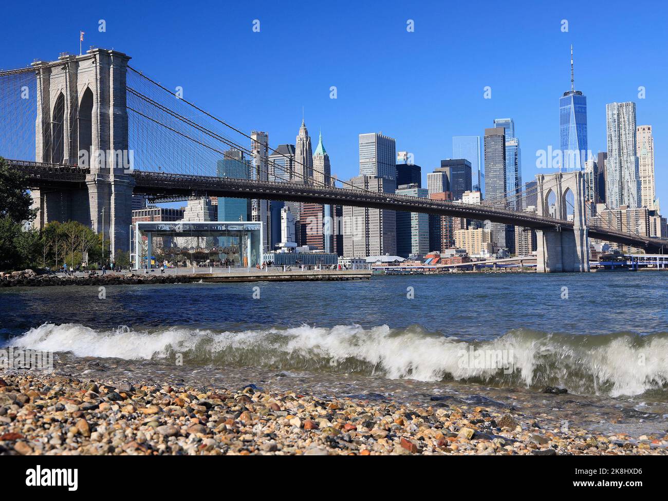 Skyline of downtown New York City, Lower Manhattan and Brooklyn Bridge USA Stock Photo