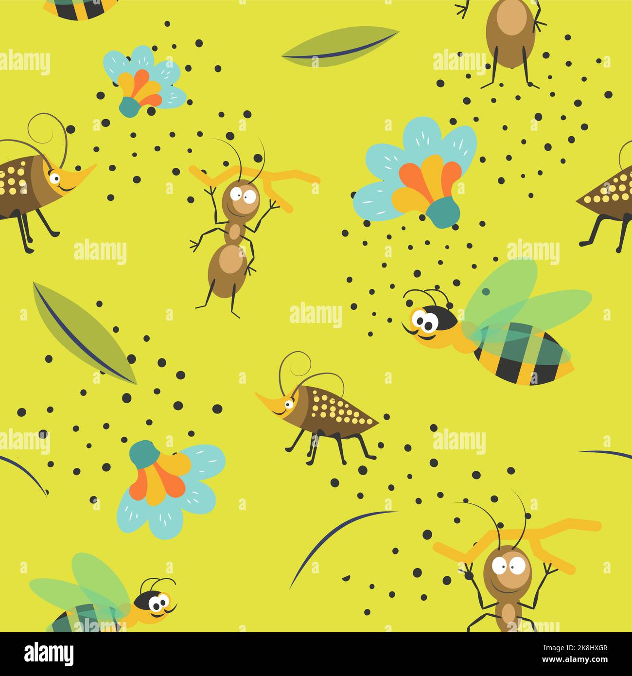 Funny insects, ants and beetles, bees pattern Stock Vector