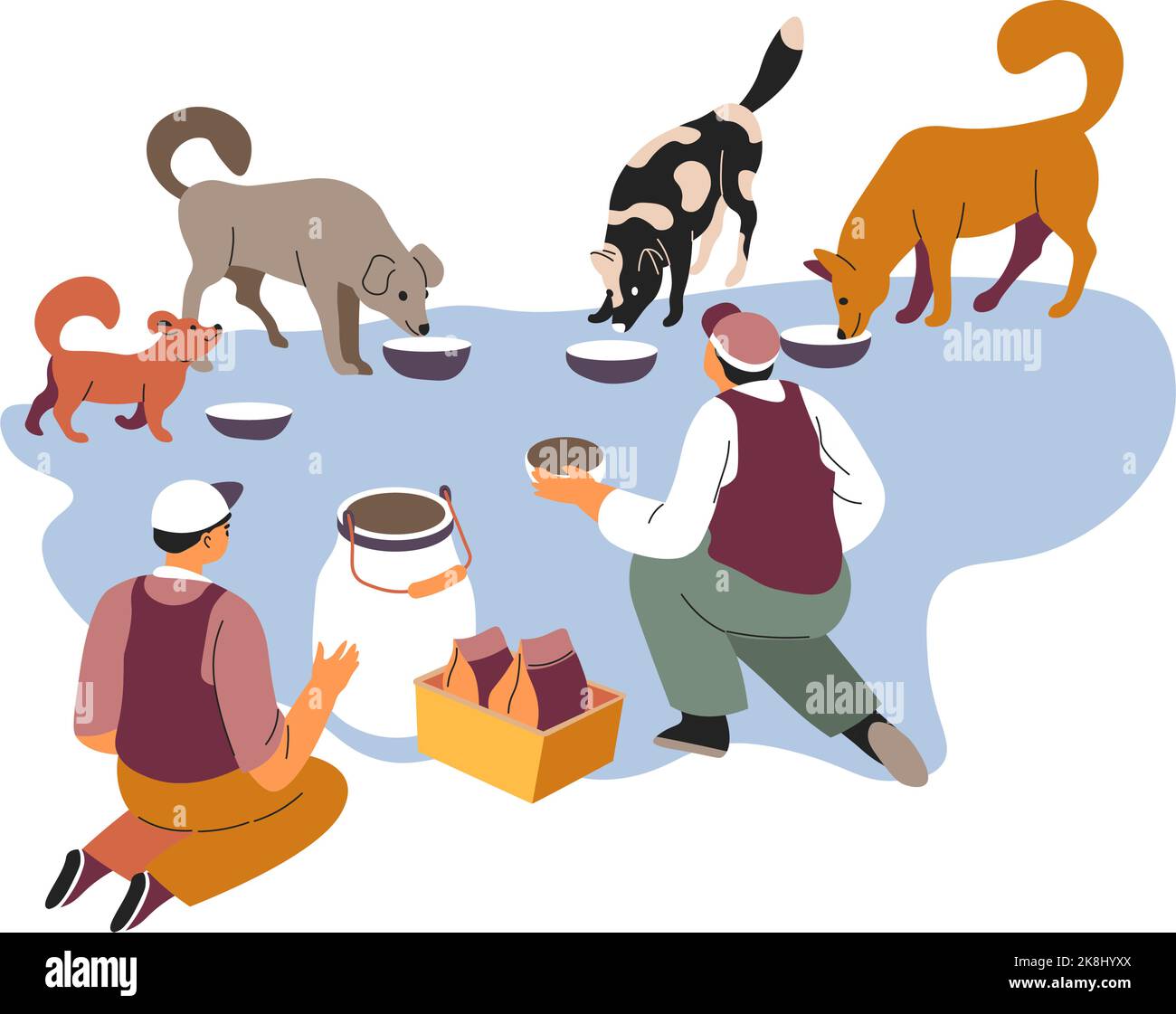 Volunteers feeding homeless pets, dogs and cats Stock Vector Image