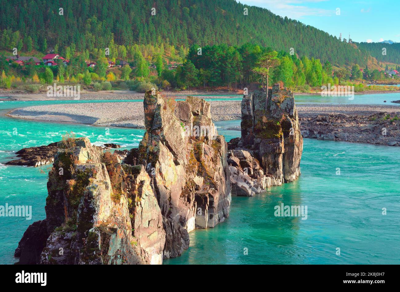 Dragon Teeth Rocks on Katun. Sharp rocks in the bed of a mountain river ...