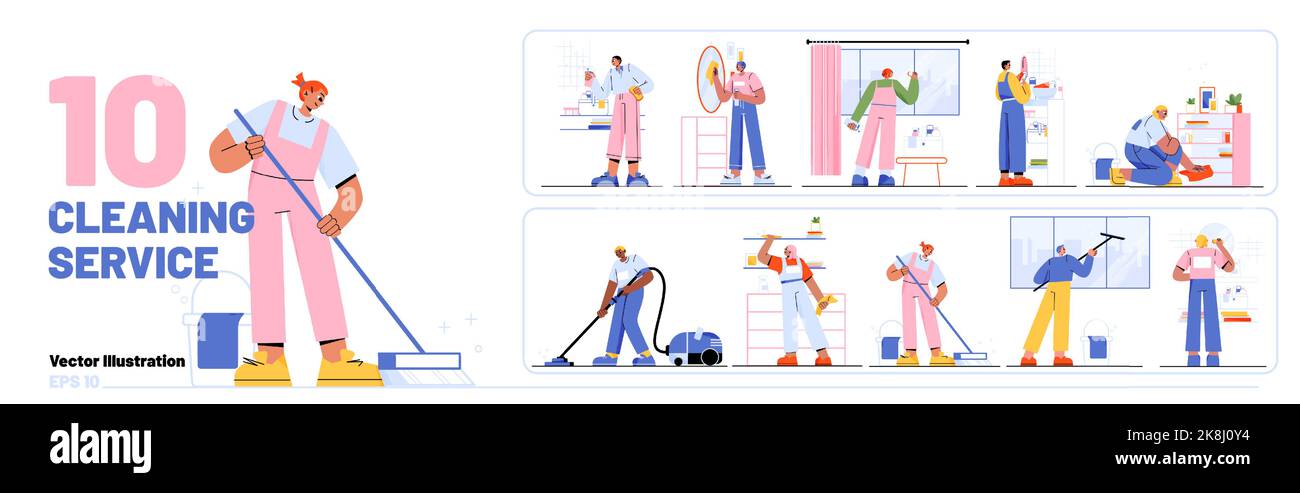 Set cleaning service team work at home or office. Janitors in uniform ...