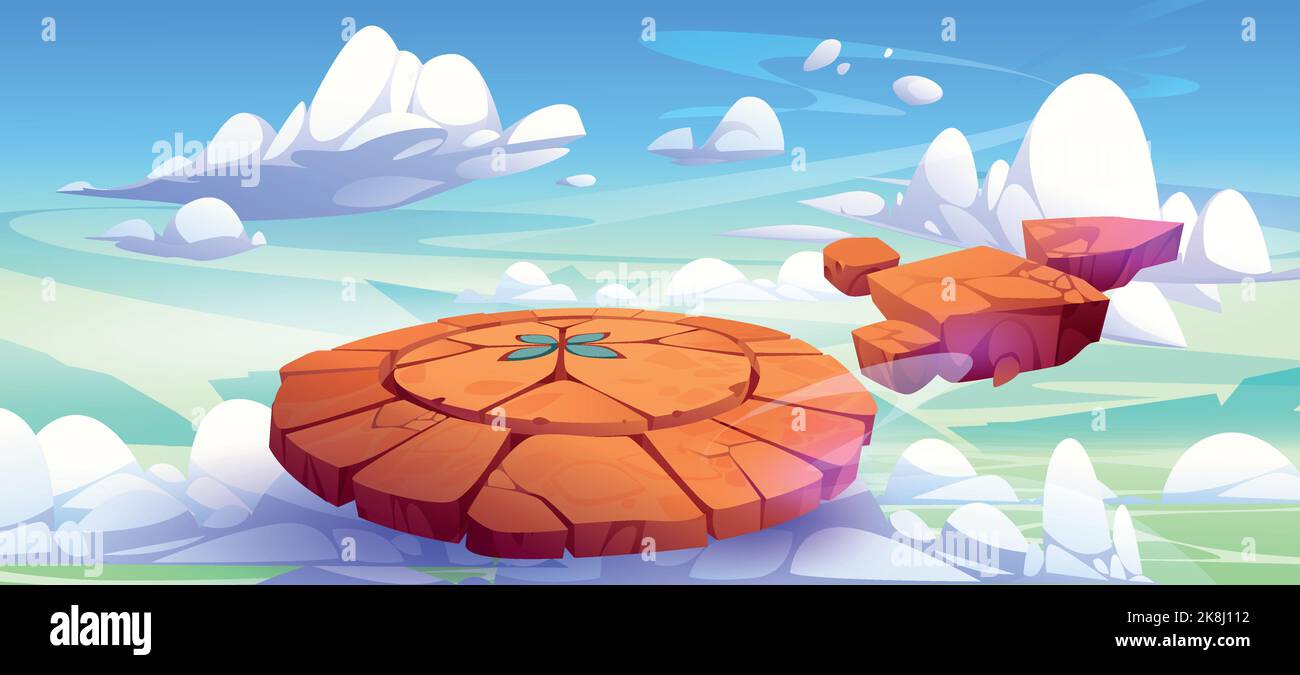 Battle arena, magic altar with runes in float blue sky with clouds. Cartoon game background with floating round platform covered with glowing ancient signs and flying rocks, Vector illustration Stock Vector