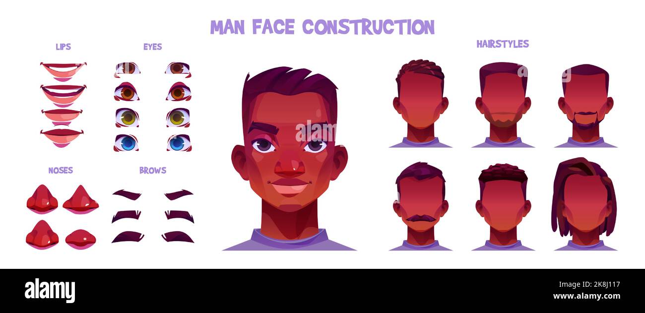 Man face portrait emotions constructor elements eyes, lips, beard, mustache avatar  icon creator vector illustration. Stock Vector