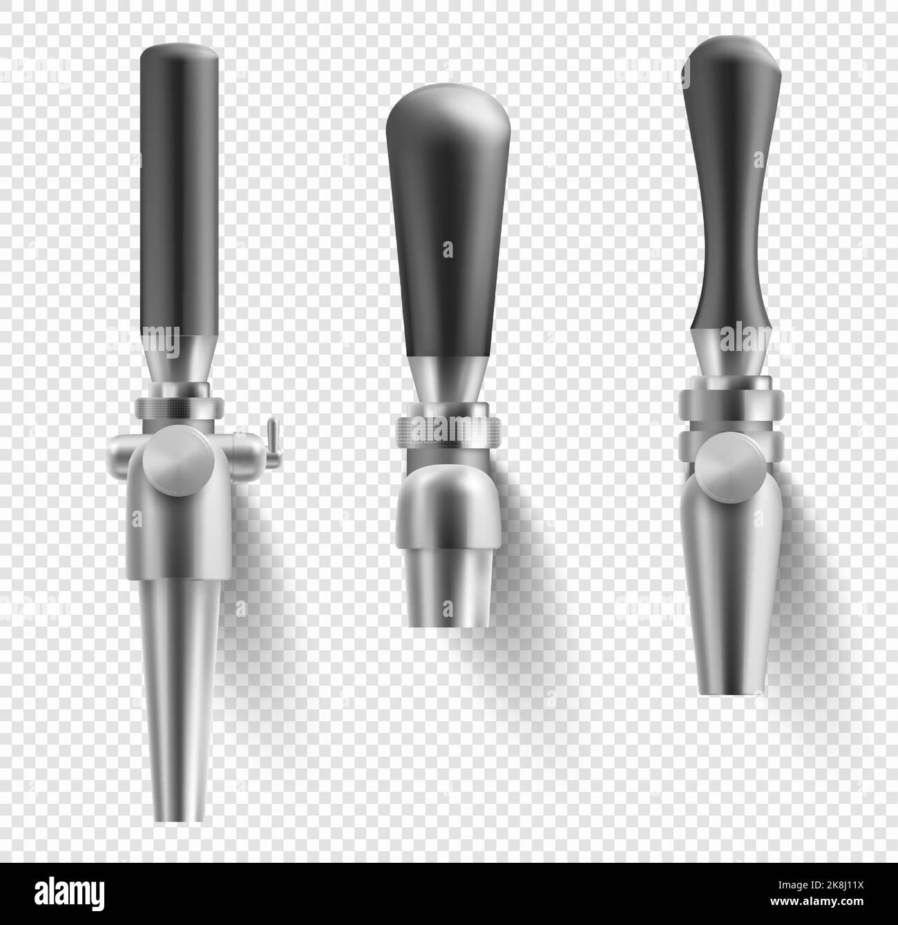 Beer taps with black handles, realistic different shape equipment for