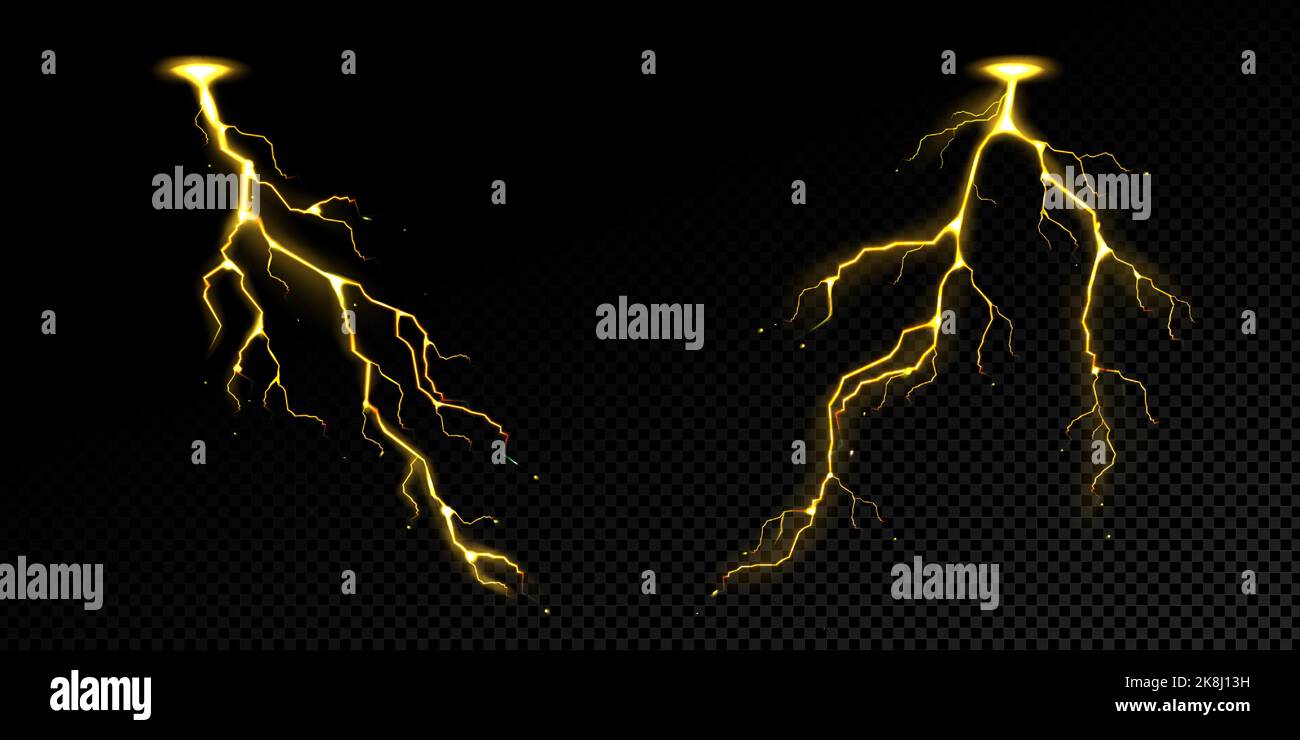 Lightning effect, thunderstorm, gold or yellow electric thunderbolt