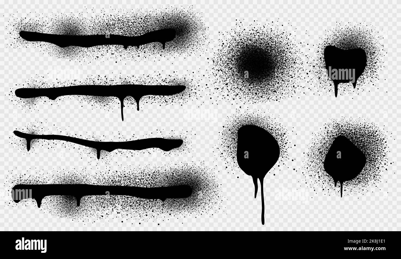 Set of black paint stains png isolated on transparent background. Vector illustration of ink lines and drips sprayed or splattered on surface. Street art or vandalism. Web site, banner design elements Stock Vector