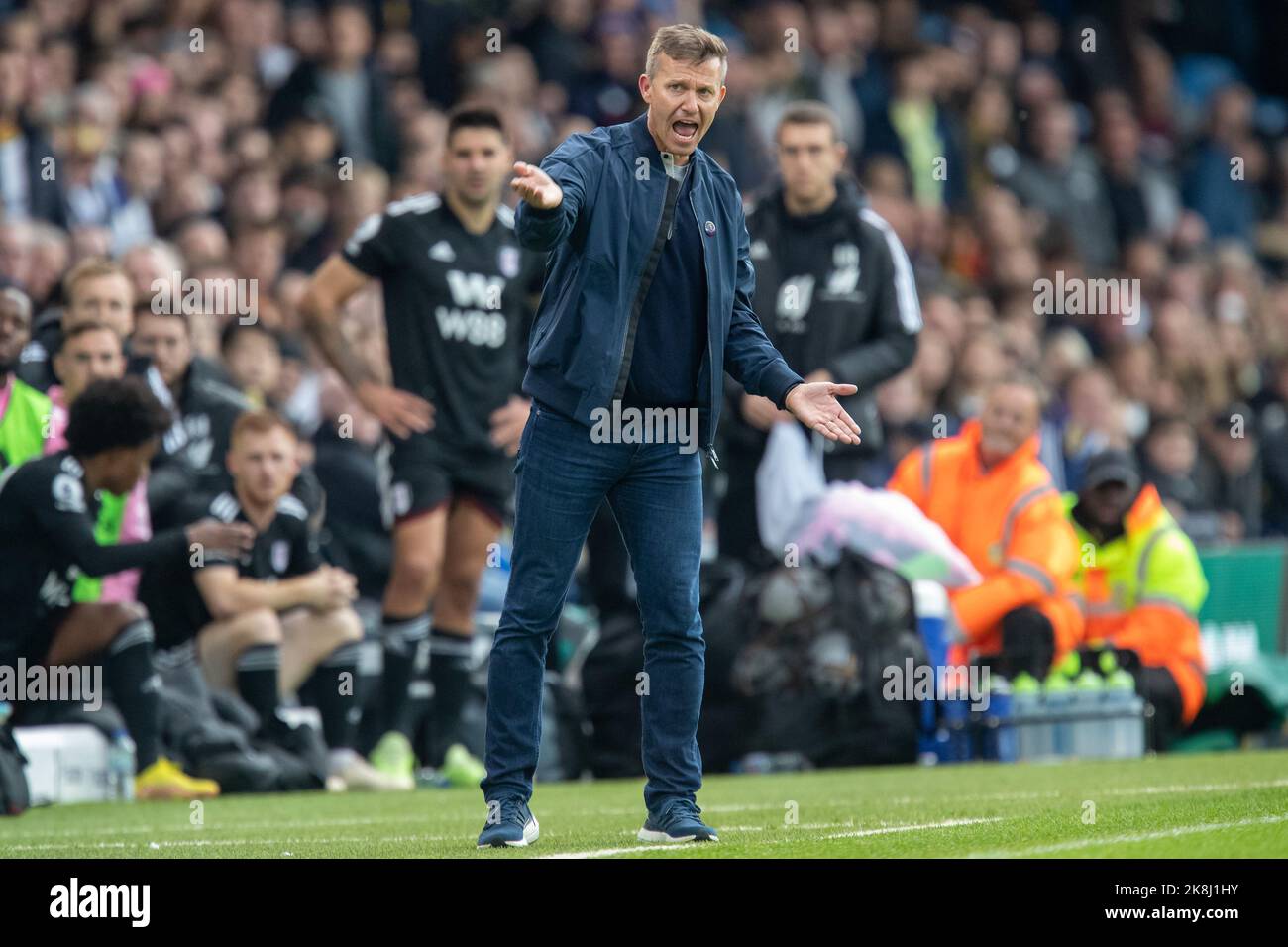 Jesse Marsch manager of Leeds United gestures and reacts during the