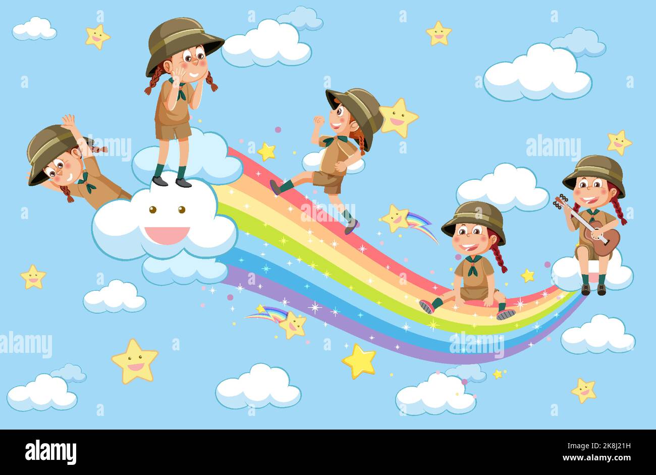 Happy kids in in the sky with rainbow illustration Stock Vector Image ...