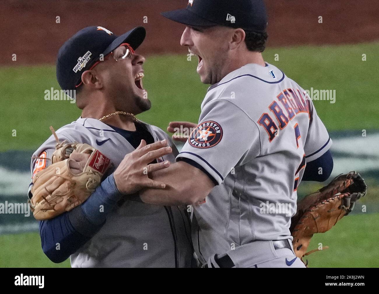 New York, United States. 24th Oct, 2022. Houston Astros Yuli Gurriel and  Alex Bregman celebrate after the Astros beat the New York Yankees 6-5 in  game four of their American League Championship