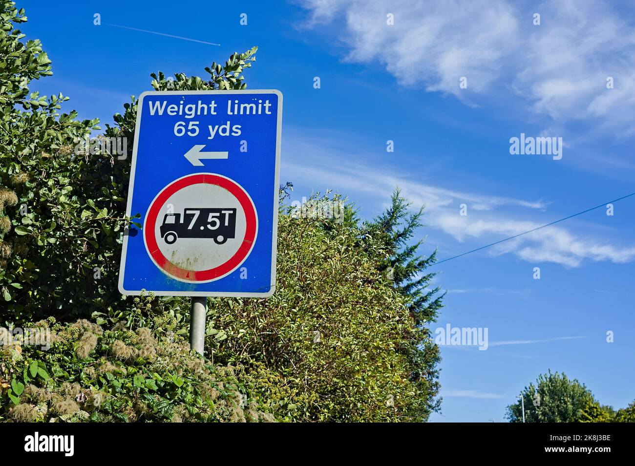 Blue road sign with 7.5-tonne weight limit warning with foliage and sky in the background Stock Photo