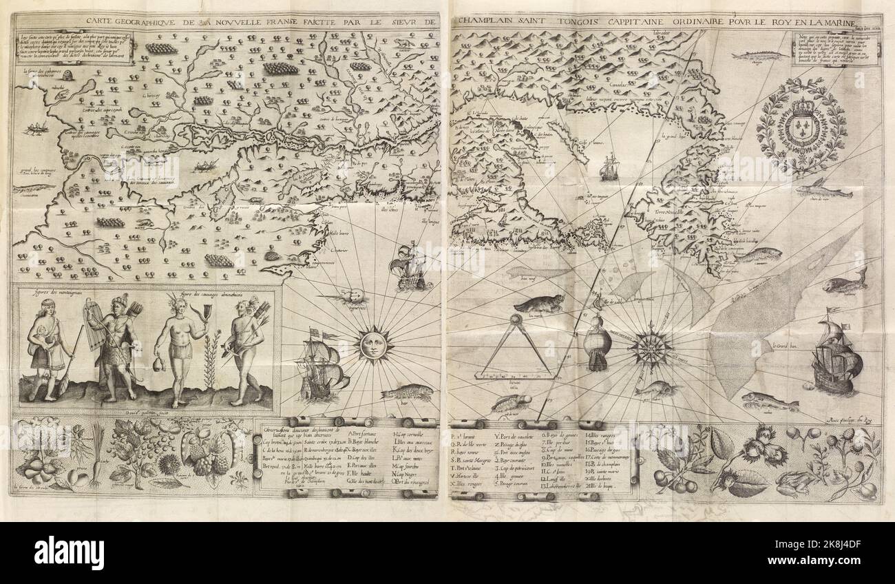 Geographical illustrated map of New France Made by French explorer Samuel de Champlain in 1612 Stock Photo