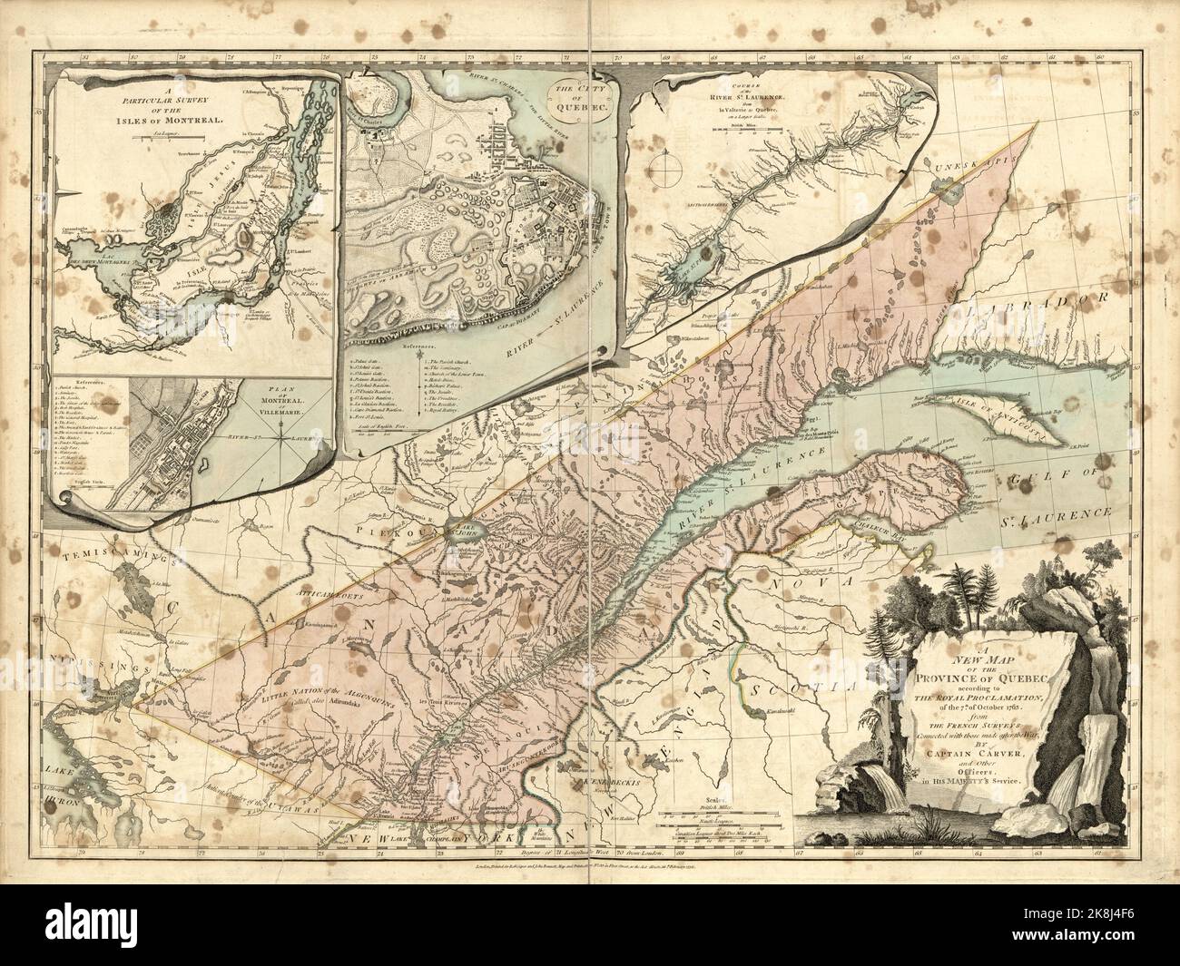 A vintage map of the Province of Quebec, Canada, according to the Royal Proclamation of the 7th of October1763 that followed the Treaty of Paris. Insets show the island of Montreal and Quebec City. Stock Photo