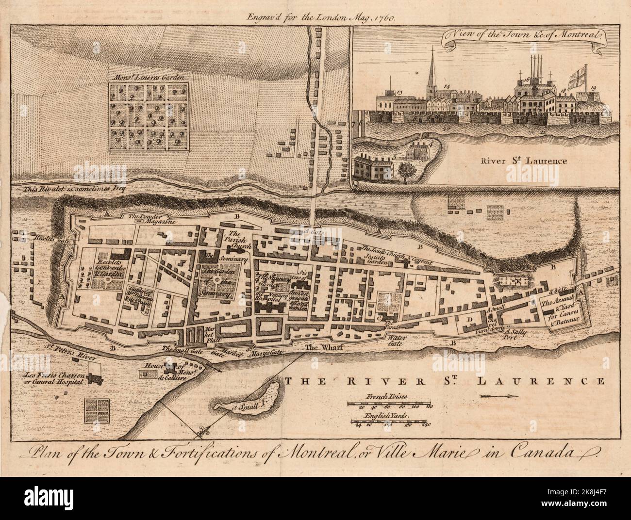 Plan of the town & fortifications of Montreal, or Ville Marie in the province of Quebec, Canada ca. 1760 Stock Photo