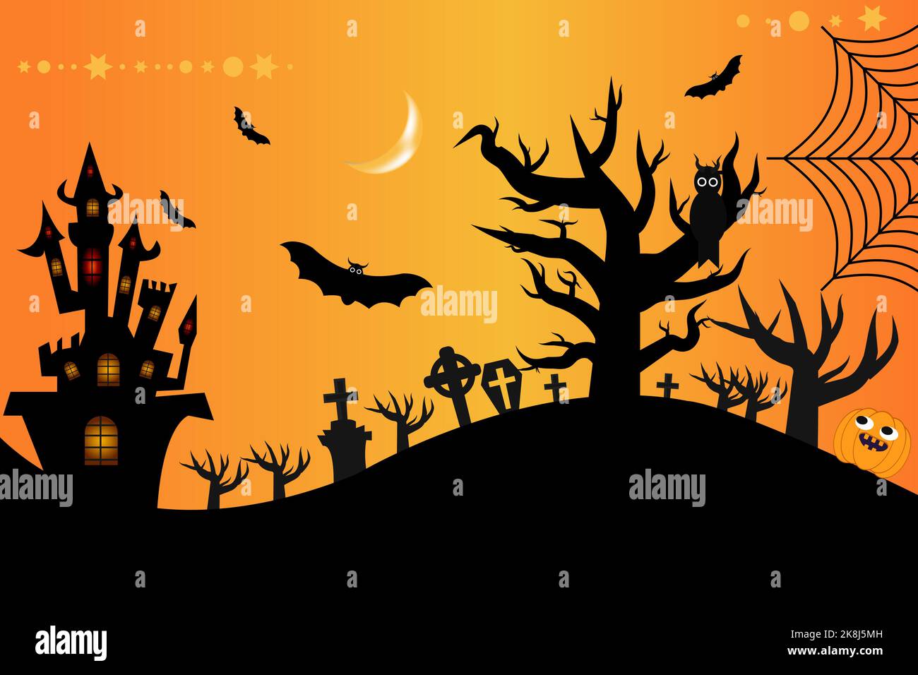 Halloween background copyspace, mysterious landscape Tombstone graveyard,cartoon witch house,Haunted house, Pumpkins oWl and bats.Spooky Horor Cartoon Stock Vector