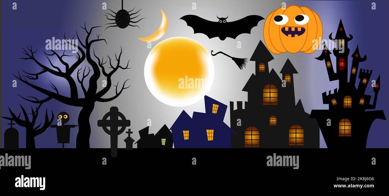 Halloween All Design Element Package. Halloween background copyspace, mysterious landscape Tombstone graveyard,cartoon witch house,Haunted house, Pump Stock Vector
