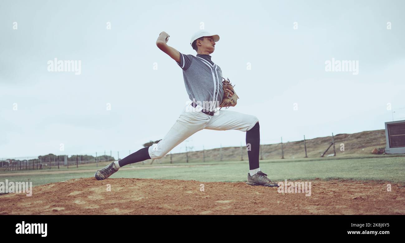 Sports game, baseball field and man throw ball in competition, practice