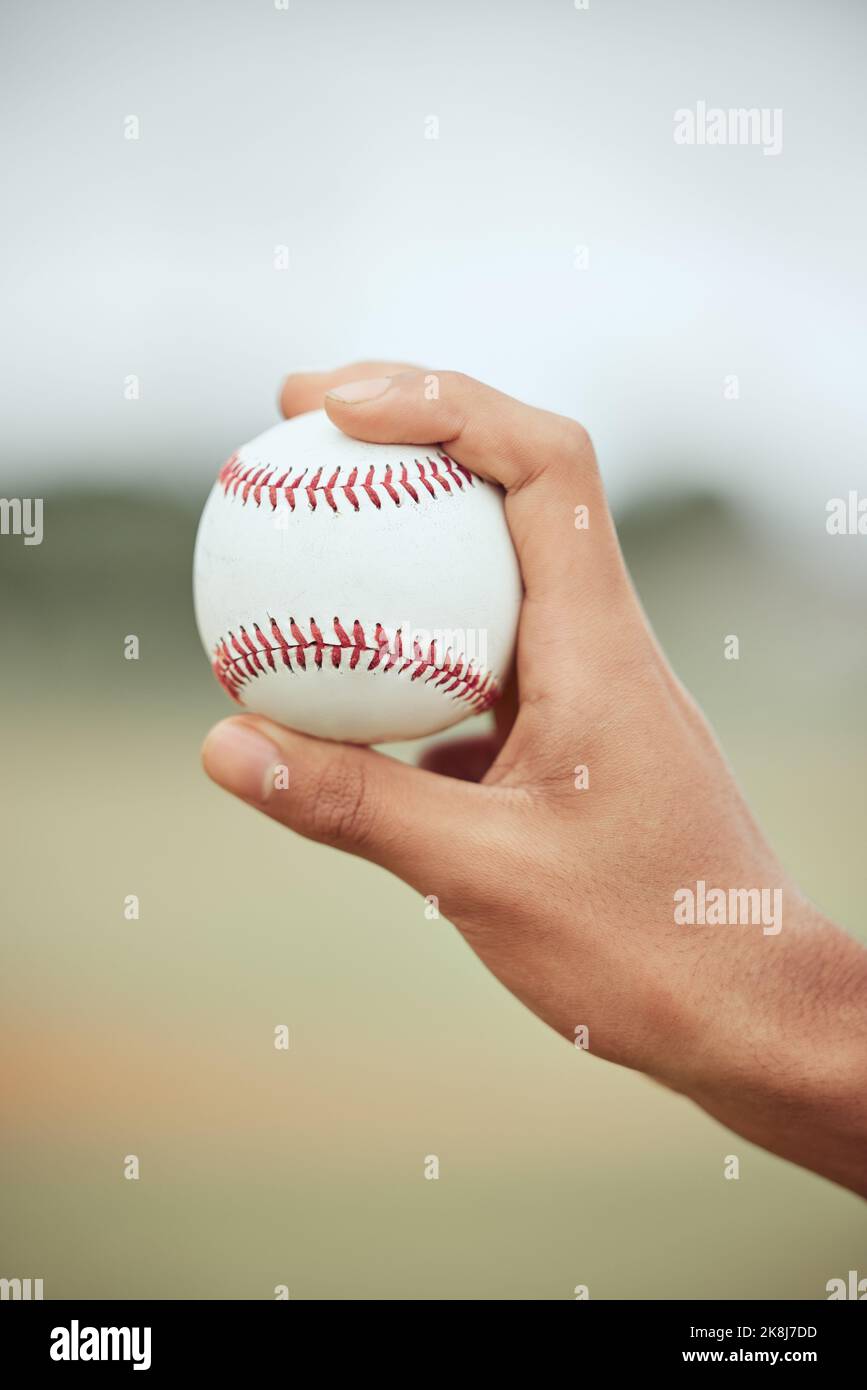 Baseball player, hands and ball pitcher, sports goals and skill in