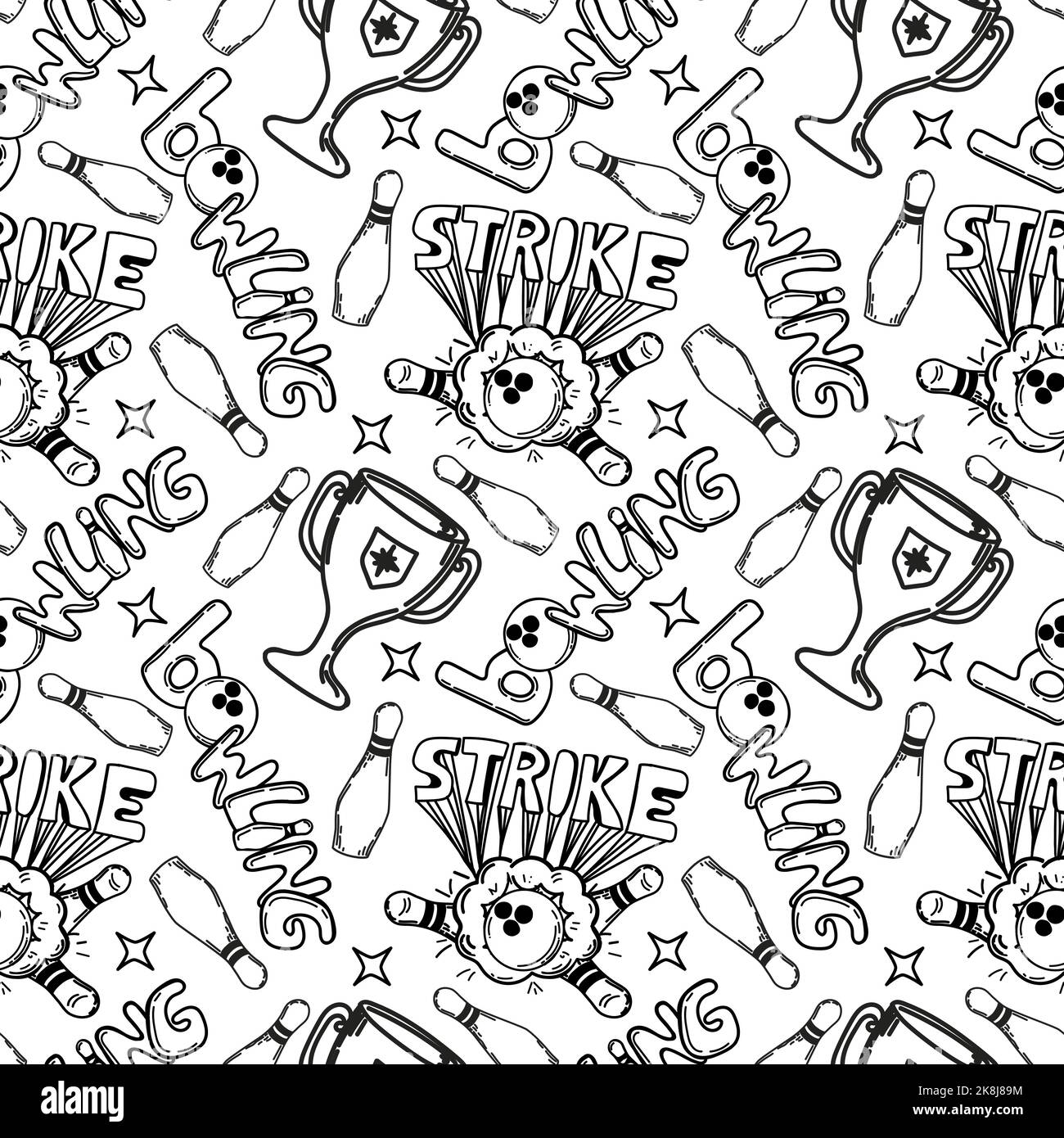 A seamless pattern of handdrawn elements with a bowling theme. Cup
