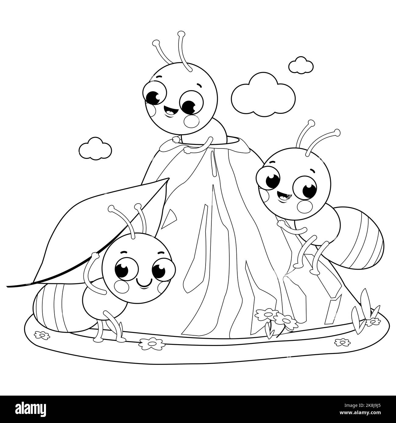 Ants in ant hill carrying food into their nest. Black and white coloring page Stock Photo