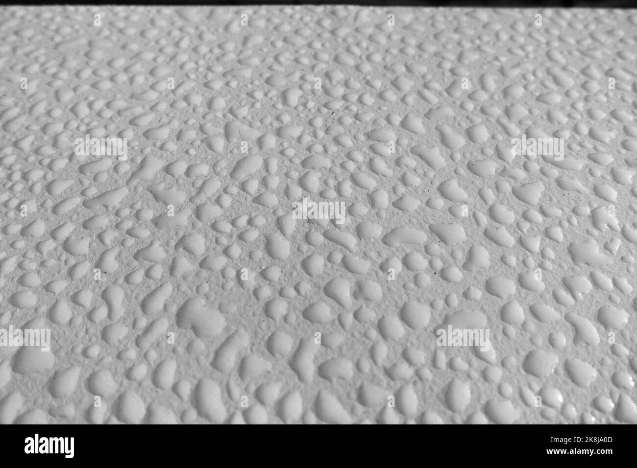 Water droplets on a white and grey background, Textured Wall. India. Stock Photo