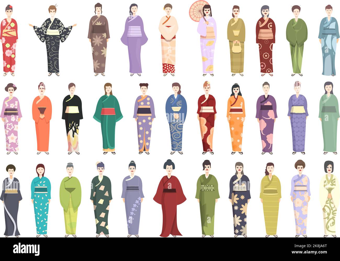 Kimono icons set cartoon vector. Asian geisha. Japan girl Stock Vector